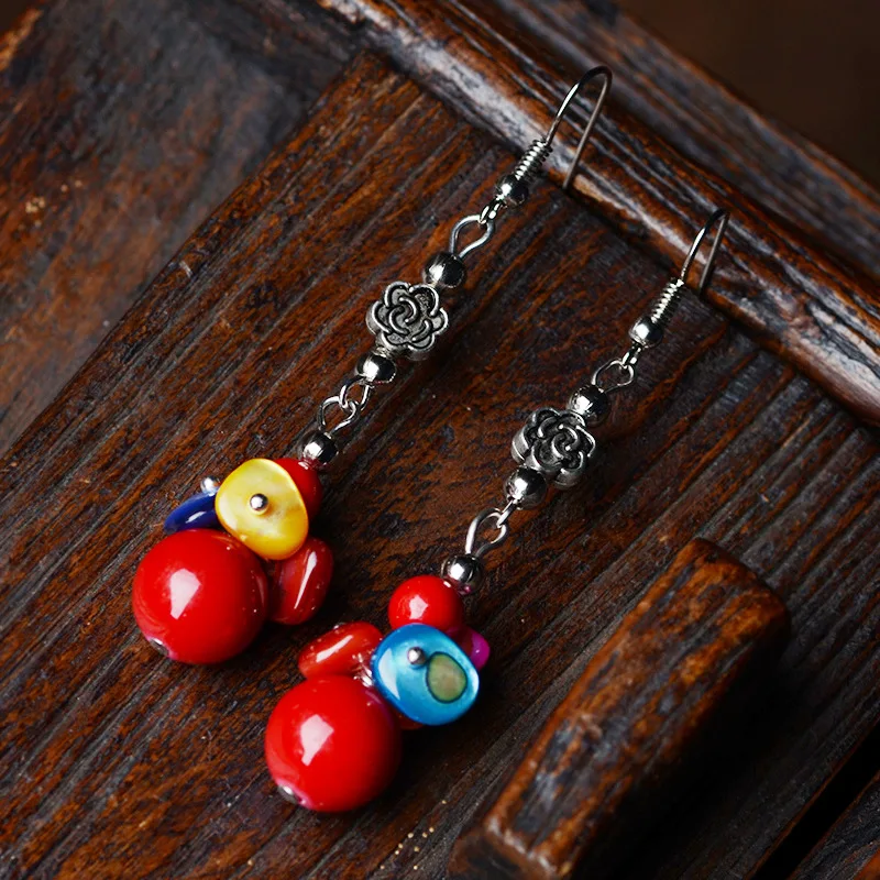 

women ethnic earrings fashion handmade tibetan shell earrings red,new vintage thailand dangle earrings
