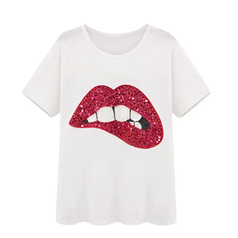 

2017 New Summer Fashion Short Sleeve Lip Red/Green Printed Paragraph Leisure O-Neck Chiffon T-Shirt