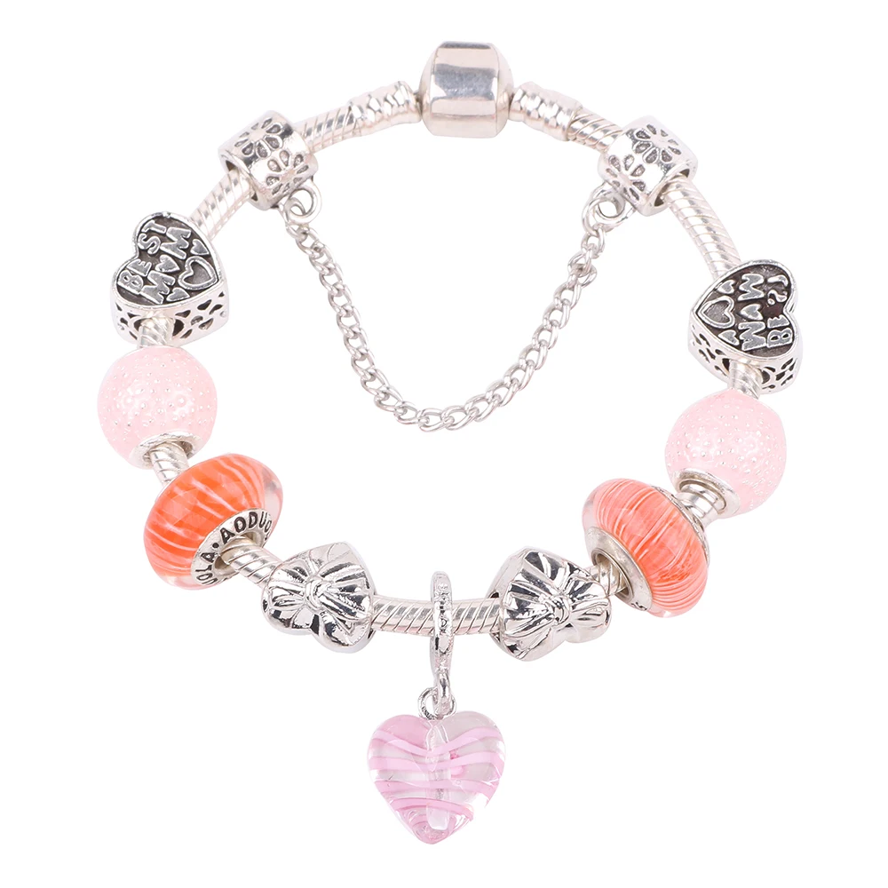 

AIFEILI Fashion S Color Fine Charm Bracelet & Bangle with Love Heart Pendant & Pink Crystal Ball Beads DIY Fit Women Bracelet
