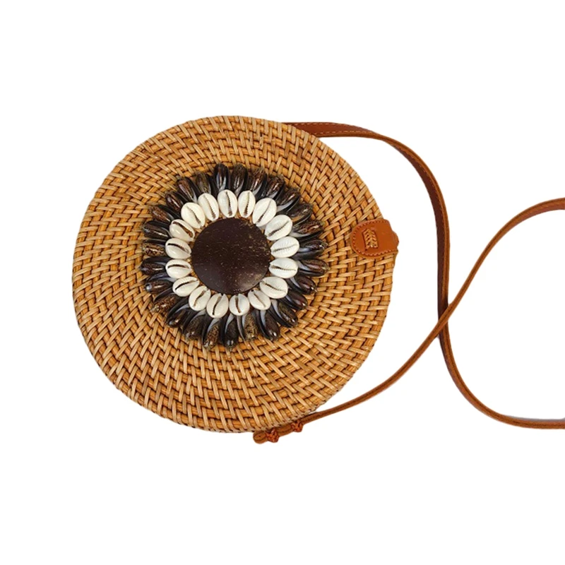 

Fashion Round Shoulder Bag Rattan Hand Woven Beach Straw Hand Bags Small Mini Shell Crossbody Messenger Bag For Women Ladies