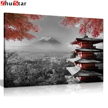 

DIY Diamond Painting Japanese Temple Autumn Black White Red scenery Cross Stitch Mosaic diamond embroidery Needlework Patterns W