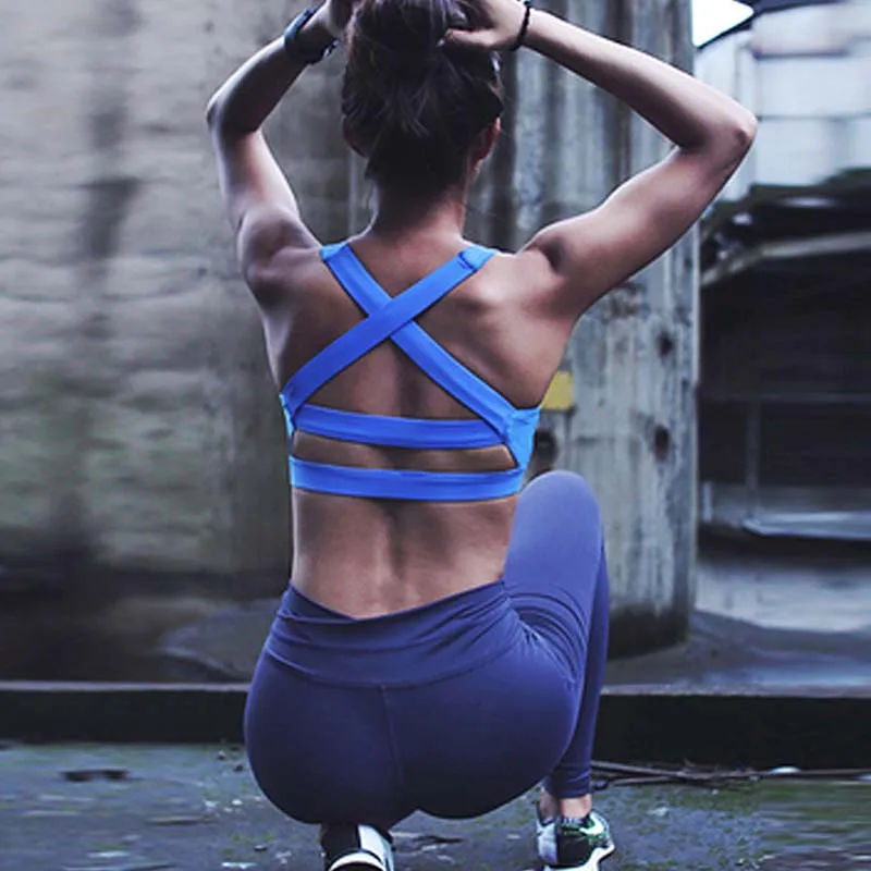 Сексуальный спортивный женский бюстгальтер с эффектом пуш-ап, ударопрочный жилет, топы для йоги с подкладкой для бега, спортзала, фитнеса, бега, йоги, рубашки, одежда - Цвет: Синий