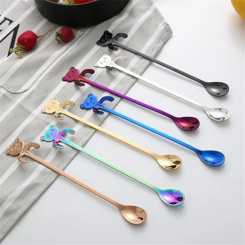 

1PC Cute Bear Pattern Long/short Handle Hanging Spoon Coffee Milk Stainless Steel Spoon Flatware Kitchen Tools For Kids Gifts