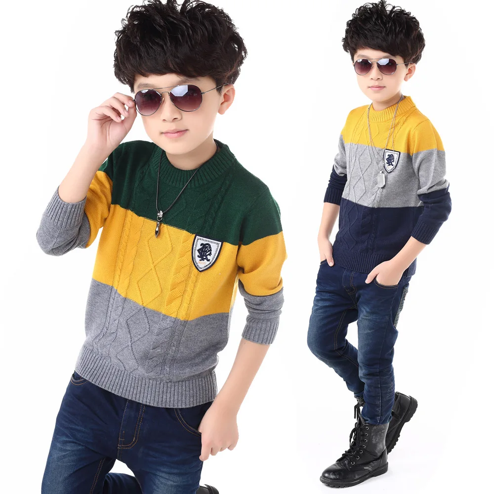 

KEAIYOUHUO 2017 New Winter Boy's Sweater Baby Boy Clothes Striped Cardigan Kids Casual Knitted O-Neck Patchwork Wool Pullovers