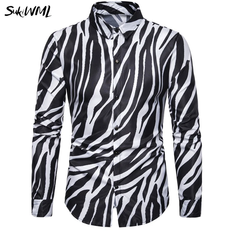 SUKIWML, Мужская Повседневная блуза, новинка, с принтом зебры, мужская рубашка с длинным рукавом, Camisas Hombre, высокое качество, Camisa Social Masculina - Цвет: White