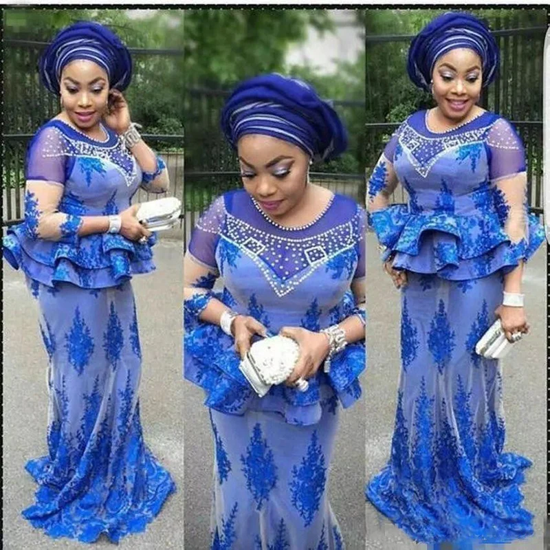 Plus Size African Royal Blue Prom Dresses Mermaid Beaded Nigerian Lace 