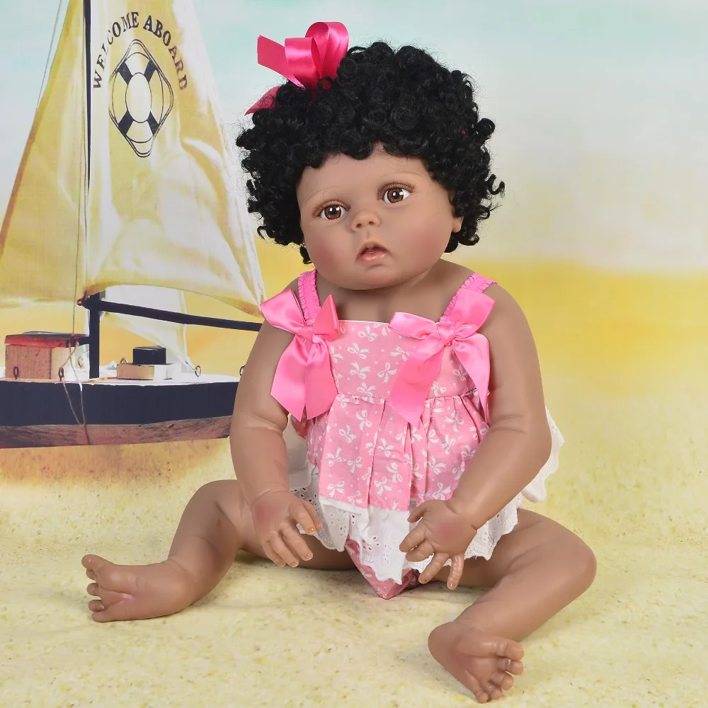 

55CM Full Silicone Body Girl Reborn Baby Doll Toys smooth black skin Newborn Princess Babies Fashion Ethnic Dolls Bebe Reborn