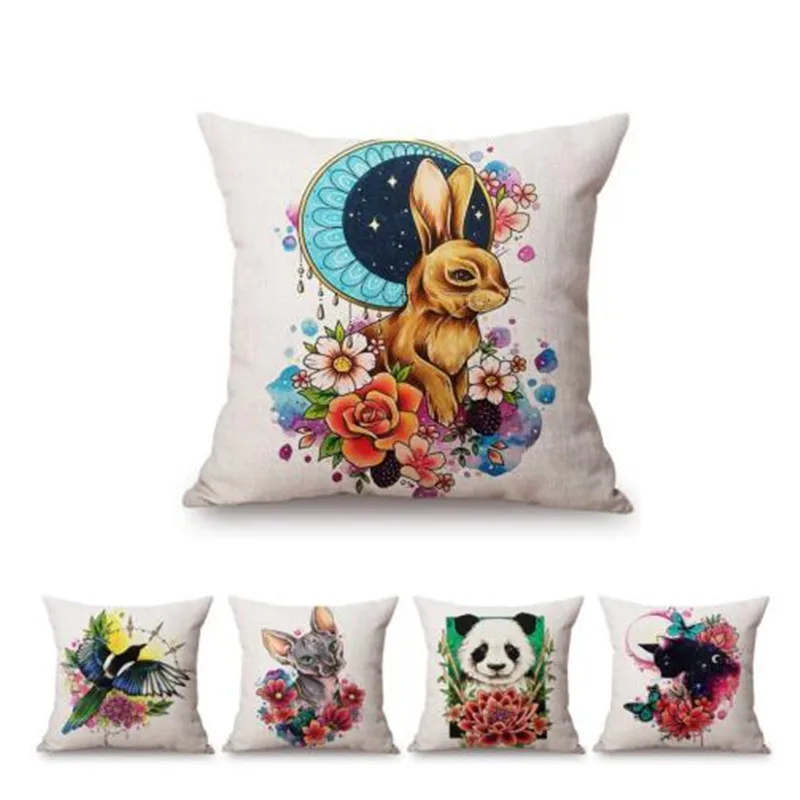 

Cute Woodland Animals Floral Bunny Rabbit Birds Panda Kid Room Decoration Sofa Throw Pillow Case Cotton Linen Baby Cushion Cover