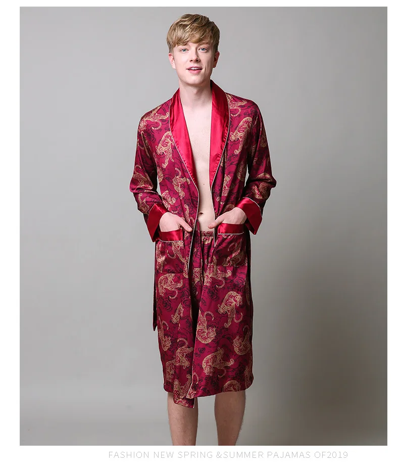 Two-Pieces Silk Nightgown Satin male Sleepwear Loose Tiger Dress Silky Long Sleeve Robe and Long Pants bathrobe set for Men mens pjs