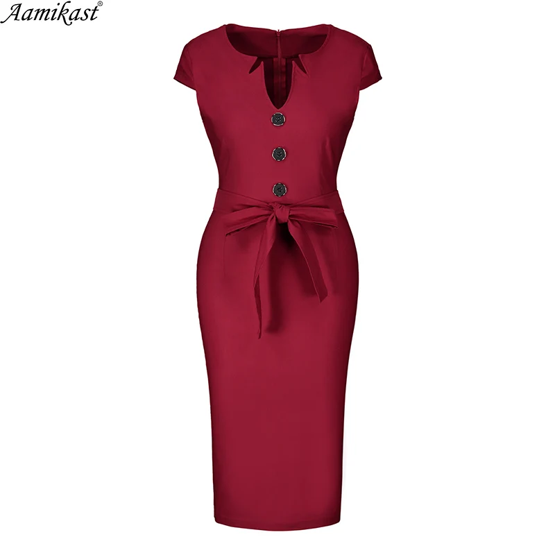 

Amikast 2019 Womens Elegant Vintage Pinup Retro Rockabilly Button Contrast Belted Slim Work Office Business Party Bodycon Dress