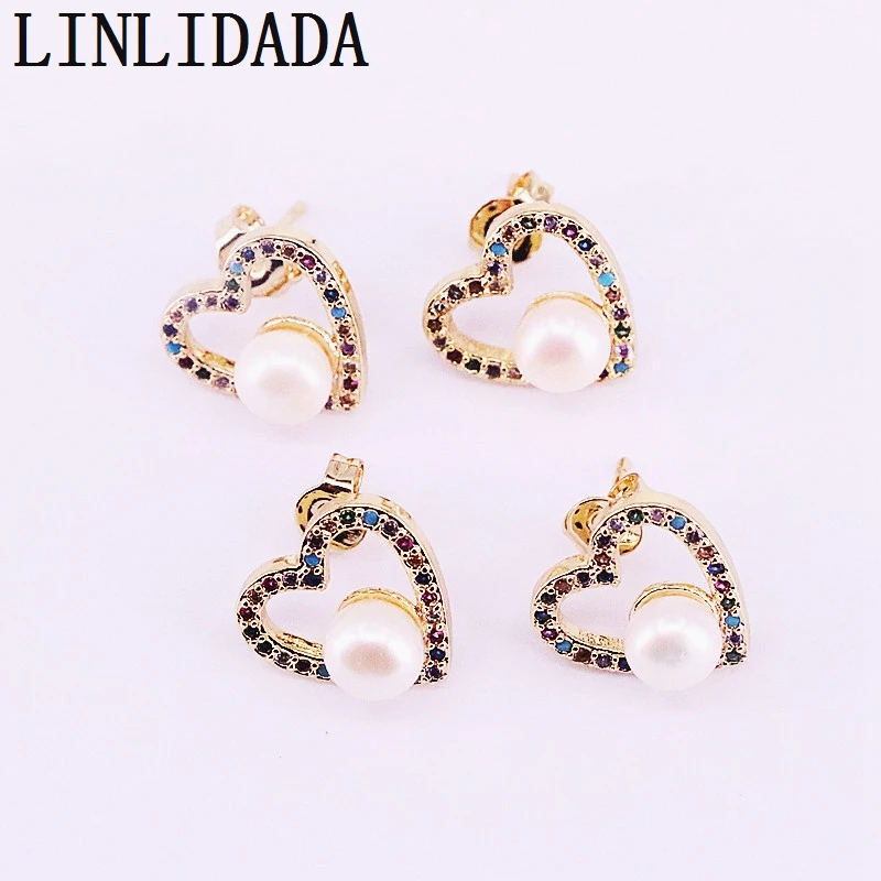 

8Pairs 13mm, pearl rainbow cz paved heart stud earring, colorful cz paved Studs gorgeous charming Jewelry For Women