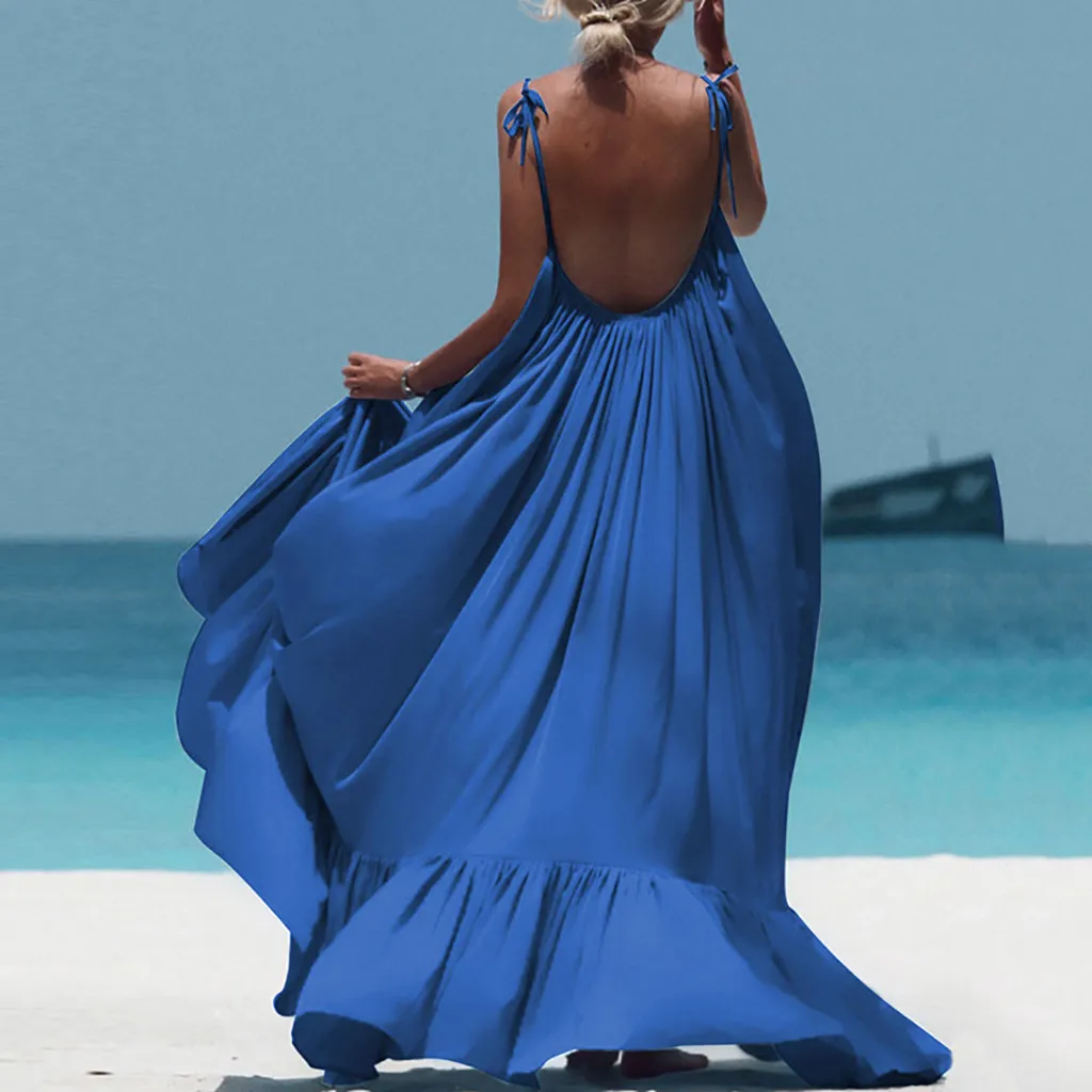 Летнее женское богемное длинное платье на бретельках с открытой спиной, вечернее пляжное сексуальное элегантное свободное однотонное платье Макси без рукавов - Цвет: Синий