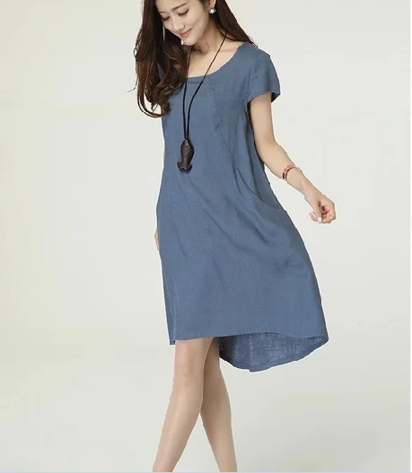 

Loose Cotton Linen Dresses Woman Short Sleeves Green Dress Vintage Mori Girl Clothes China Artistic Drawstring Dress For Summer