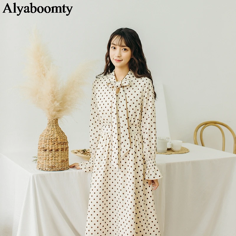 

2019 New Spring Summer Women Elegant Dress Mori Girl Bow Polka Dot Robe Femme Vestido Flare Sleeve Sweet Long Korea Chic Dresses