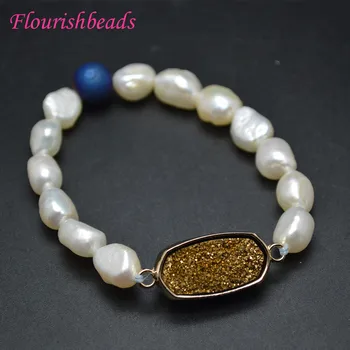 

Fashion Jewelry Fresh Water Pearl Baroque Pearl Geode Beads Square Shape Purple Color Drusy Charm Elastic Line Bracelets