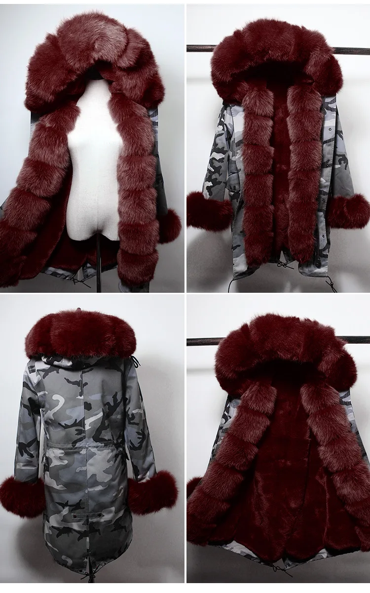 Зимняя женская мода из натурального большого лисьего меха с капюшоном и манжетами из натурального кроличьего меха, толстые теплые камуфляжные Длинные куртки, парки, пальто