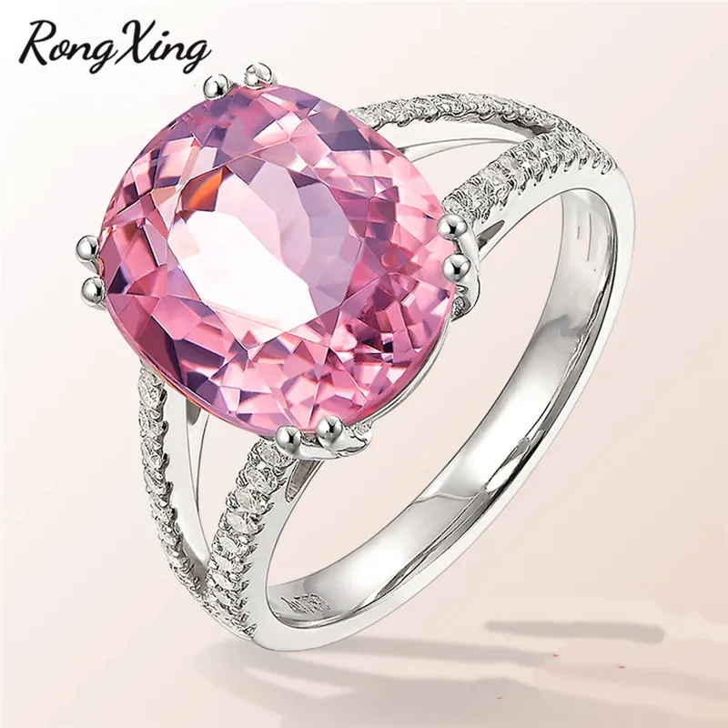 RongXing Romantic Geometric Pink Stone Birthstone Rings For Women 925