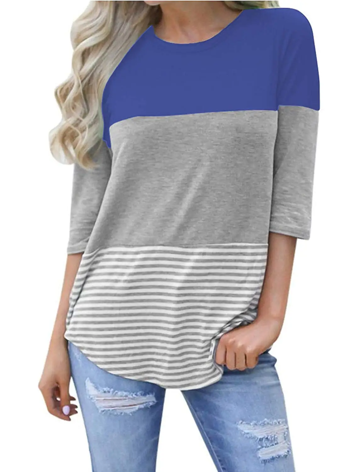Fashion Women Half Sleeve Loose Patchwork Striped T Shirt Casual Tops t