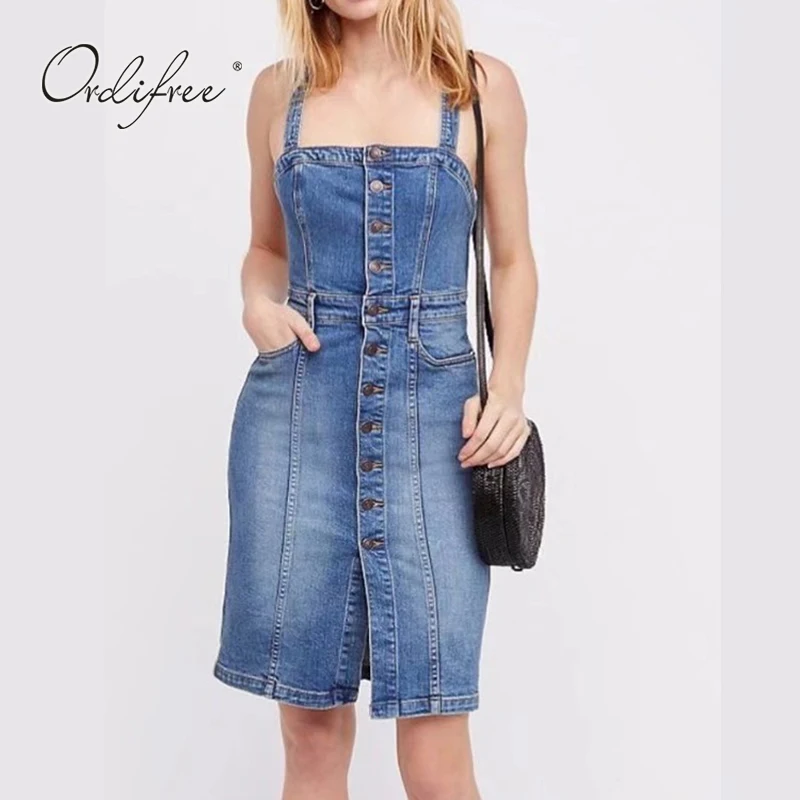 

Ordifree 2018 Summer Women Denim Dress Sundress Female Denim Overalls Slim Tunic Sexy Jeans Dress Robe Femme
