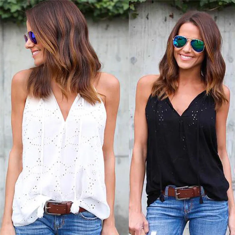 

Loose Casual Women Simple Tank Tops Summer 2019 New Fashion V-Neck Hollow Out Sleeveless Plus Size Solid Color Female Clothes