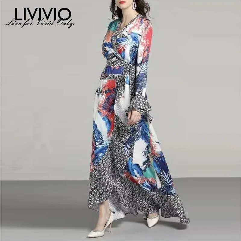 

[LIVIVIO] 2019 Autumn New Flare Sleeve V Neck Wrap Dress Sash Waisted Asymmetric Ruffle Long Maxi Dresses Women Boho Fashion