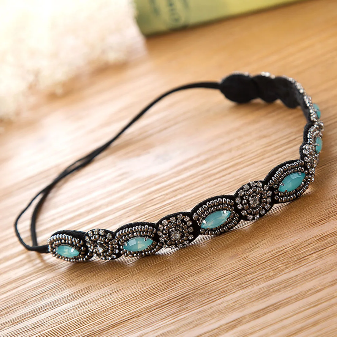 

Vintage Ethnic Turquoise Metal Beads Flower RhinestoneHeadband Women Girls Rhinestones Crystal Flower Elastic Headband Hair Acce