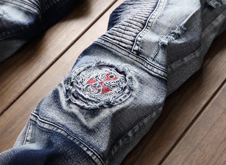 Новые мужские джинсы Черные Серые свободные рваные вышитые патч плиссированные тонкие Pinball ностальгические строчки рваные джинсы мужские