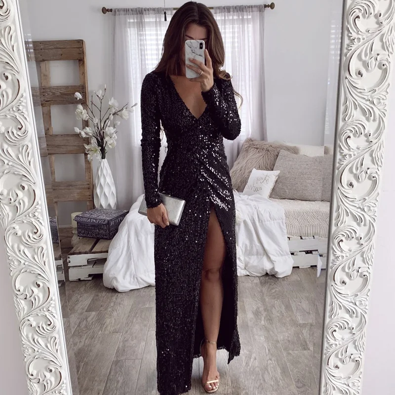 

Sexy Stretch Black Sequined Dress 2018 Autumn Long Sleeved V Neck Sparkly Bodycon Dress Sexy High Slit Club Party Elegant Dress