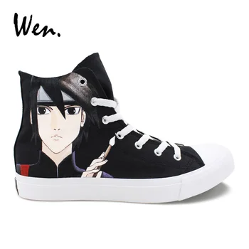 

Wen Men Boys Canvas Shoes Hand Painted Design Anime Naruto Uchiha Sasuke Sai High Top Black Sneakers Skateboarding Shoes