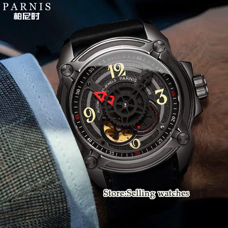 

44mm Parnis Skeleton Watch Automatic Mechanical Men's Watches Skeleton Wristwatch Sapphire Crystal Leather 5ATM Miyota 82S5