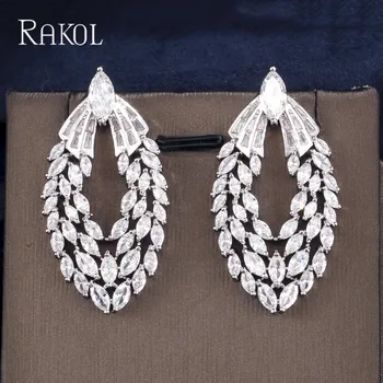 

RAKOL Top Quality Leaves Shape Luxury Big Stud Earrings for Women Classic Small CZ Cluster Wedding Earrings Party Gift