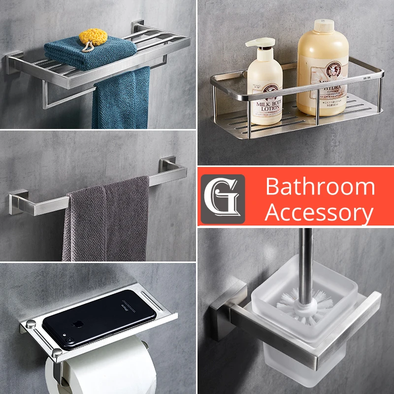 304 Stainless Steel Bathroom Accessories Set Wall Mount Towel Rack Bathroom Hardware Bathroom Hanging Rack Toilet Shelf Set