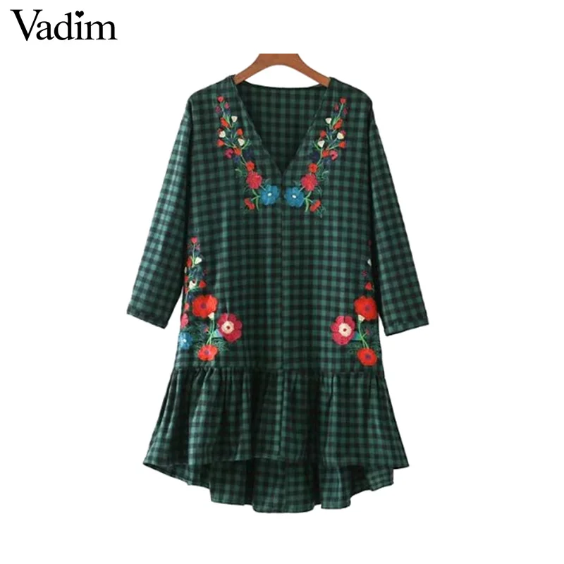 Vadim V образным вырезом Плиссированные Цветочные Вышивка платья в клетку цветочный узор Винтаж Шик повседневное свободное мини vestidos mujer QZ3232