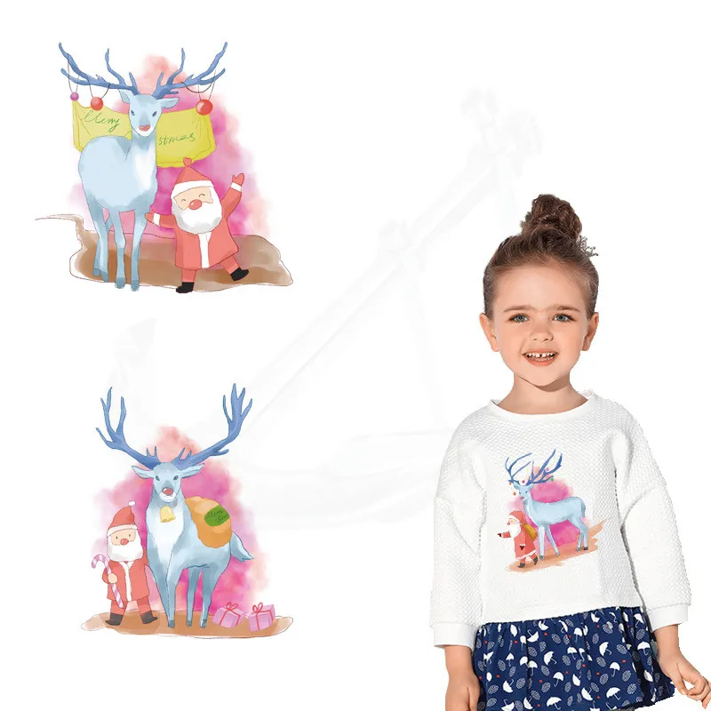 

Hot Merry Christmas Santa and elk Patch for clothing 22*22.5cm iron on patches Diy child T-shirt thermal transfer sticker