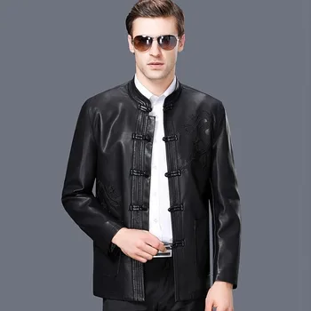 

Spring Male Business Leather Jacket Clothing Men's Suit Collar Single Chinese Button Breasted Medium-Long Leather Coat Tang Suit