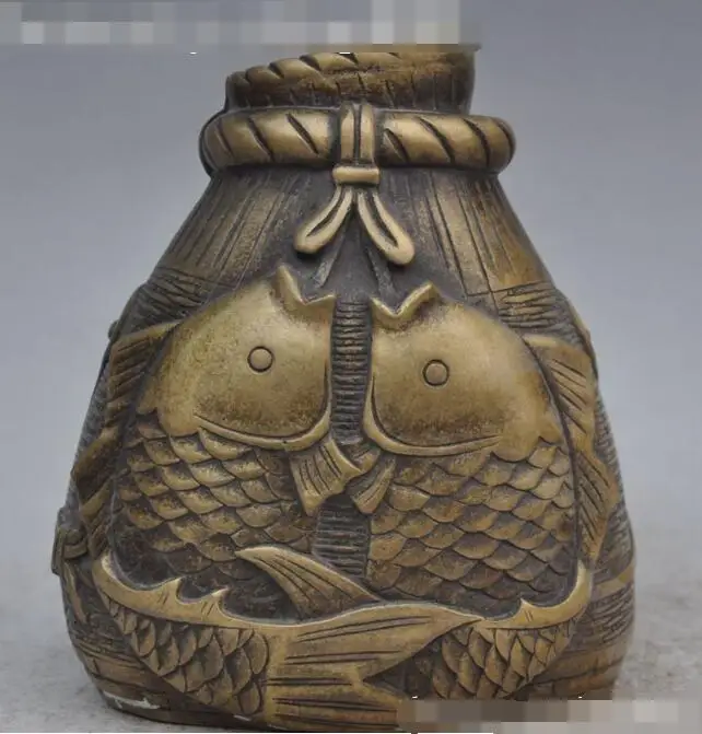 

S03910 Marked Chinese bronze fish creel Fish basket Pot Tanks Crock bottle lucky statue (B0413)