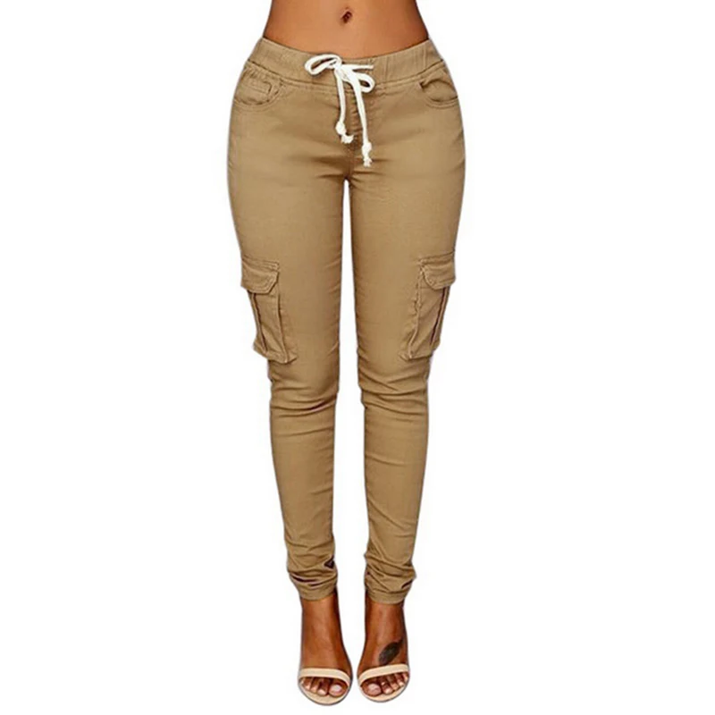 Laamei новые весенние повседневные женские брюки со шнуровкой на талии, одноцветные узкие брюки с несколькими карманами размера плюс, прямые облегающие брюки