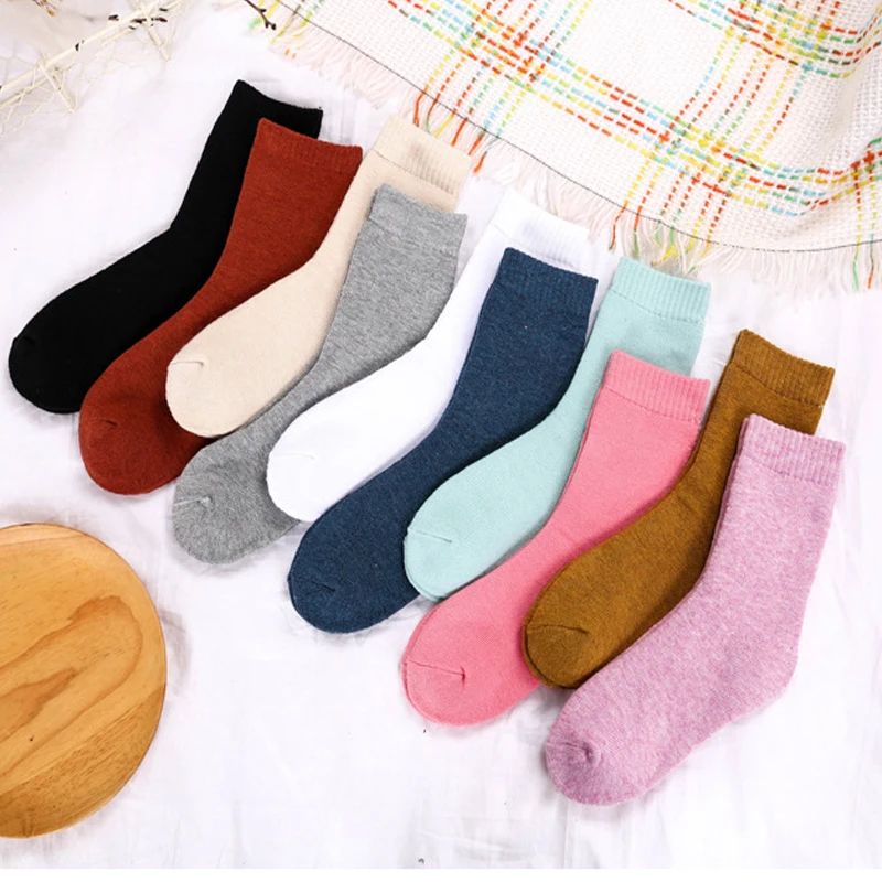 Теплые хлопковые носки для девочек на осень и зиму, женские Мягкие плотные вязанные носки, флисовый носок ярких цветов, 5 пар