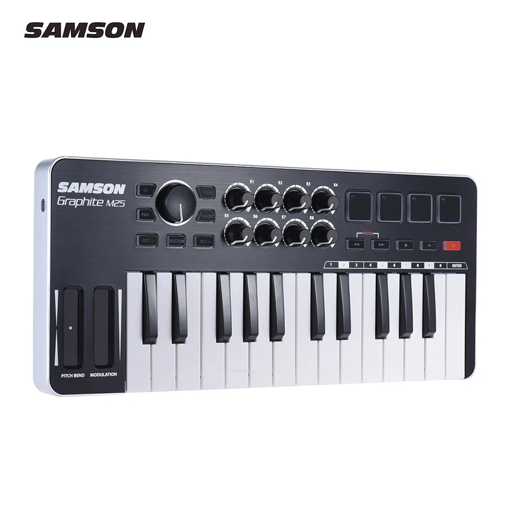 

SAMSON Graphite M25 Mini 25-Key MIDI Keyboard MIDI Keyboard Controller 4 Pads 8 Assignable Knobs MIDI Keyboard with USB Cable