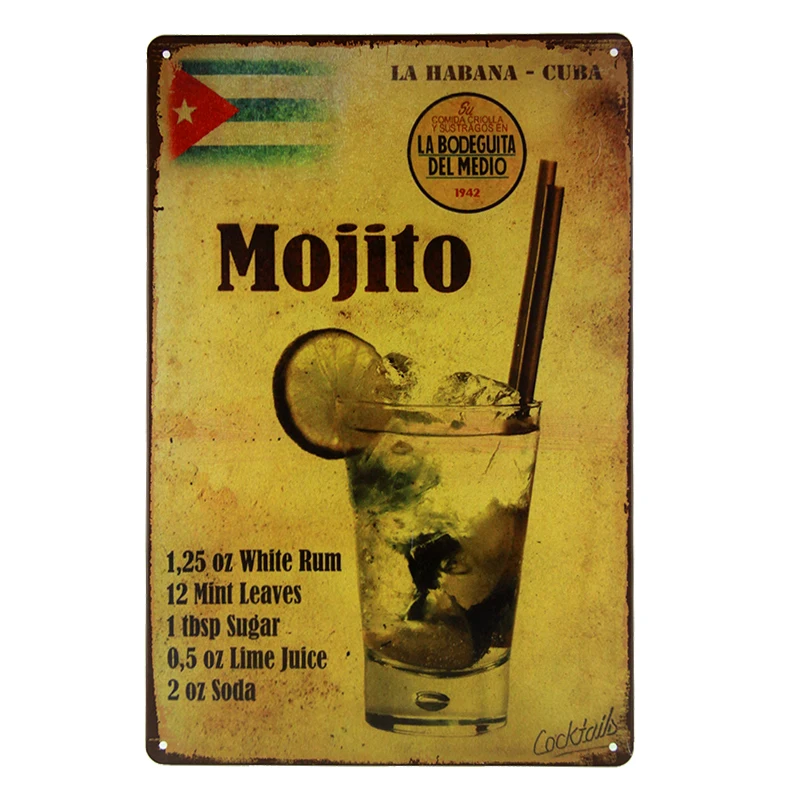 Mojito коктейльное меню винтажная жестяная вывеска Настенный декор для бара