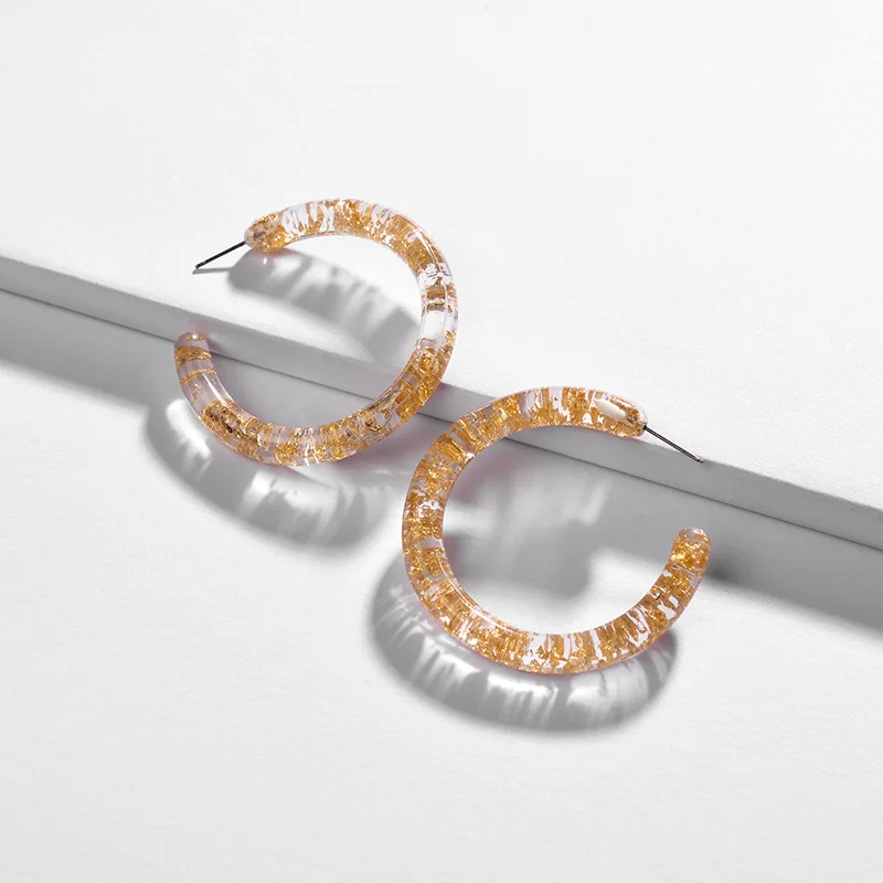 

HUIDANG Fashion Jewelry Sparkling Silver Gold Foil Earring Acrylic Resin Hoop Earrings for Women