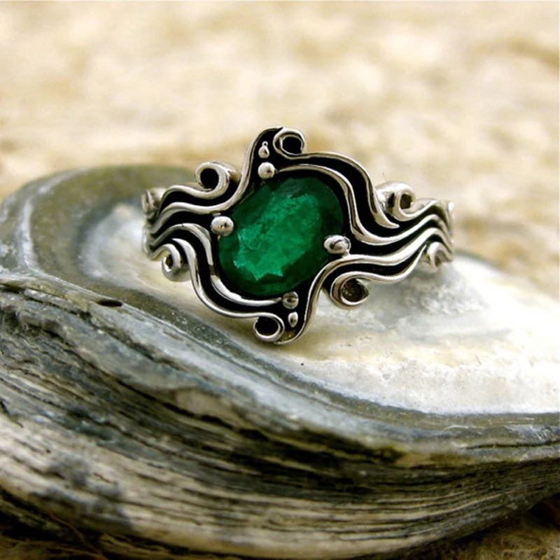 Лидер продаж, винтажное обручальное кольцо с синим/зеленым цирконием для женщин, Дамская мода, простые свадебные кольца, тайское серебристого цвета, ювелирные изделия, подарки - Цвет основного камня: Зеленый