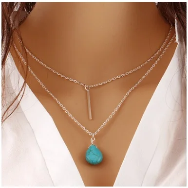 Модные двойной слой ожерелье Металл Water Drop turquoie женский ependant ключицы цепи