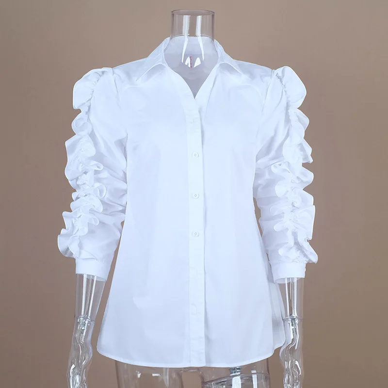  TWOTWINSTYLE Ruffles Blouse Female Lapel Collar Patchwork Long Sleeve White Shirt Tops For Ladies 2