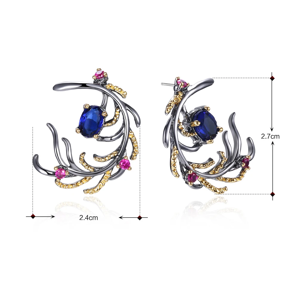 Charming Beautiful leaf earring Blue Rose color stones crystal CZ Black Gun Plated Jewelry & Accessories Bohemia big earrings