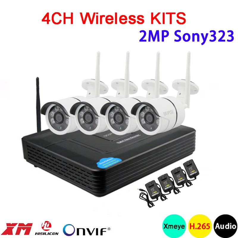

2MP Sony323 six array Infrared Xmeye APP Waterproof HD H.265 25fps 4CH 4 Channel WIFI Wireless IP Camera kits Free Shipping