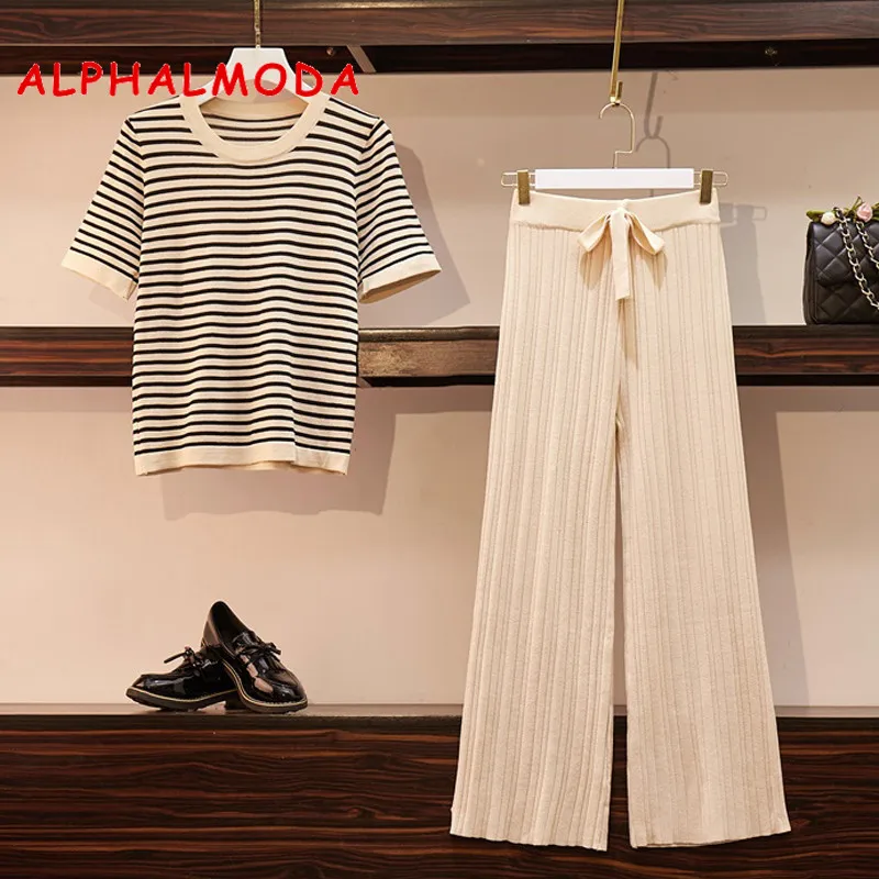

ALPHALMODA Women's Striped Knit Tshirt Top + Wide-leg Knit Trousers Summer Autumn 2pcs Casual Sets Female Knitting Pants Suits