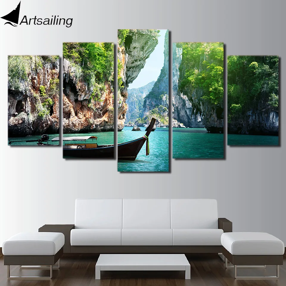 HD Printed 5 Piece Canvas Art Nature Canyon Landscape Painting Wall Pictures for Living Room Boat Poster Free Shipping CU-2534B photo