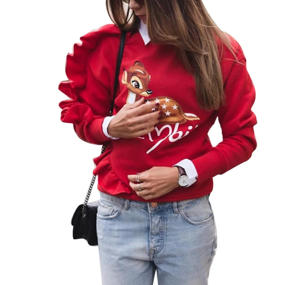 Autumn Women Sweatshirts Casual Printed Long Sleeve Sweatshirt Loose Round Neck Red Hoodies-in 