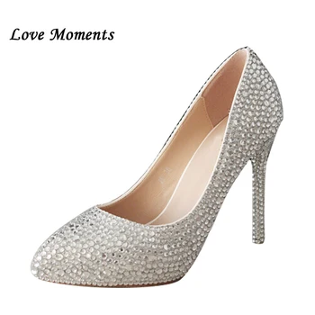 

Love moments thin Heel soled shoes bride diamonds wedding shoes silver rhinestone up heels point toe womens pumps High shoes